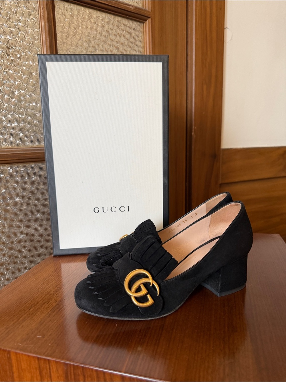 Gucci Black Suede Fringe Block Heel Loafers with Gold Double G